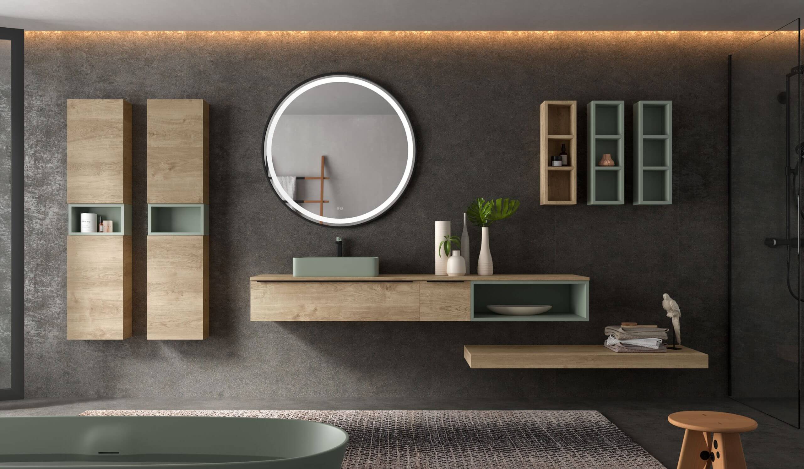 lavabo sobre encimera verde mueble baño madera roble almacenamiento